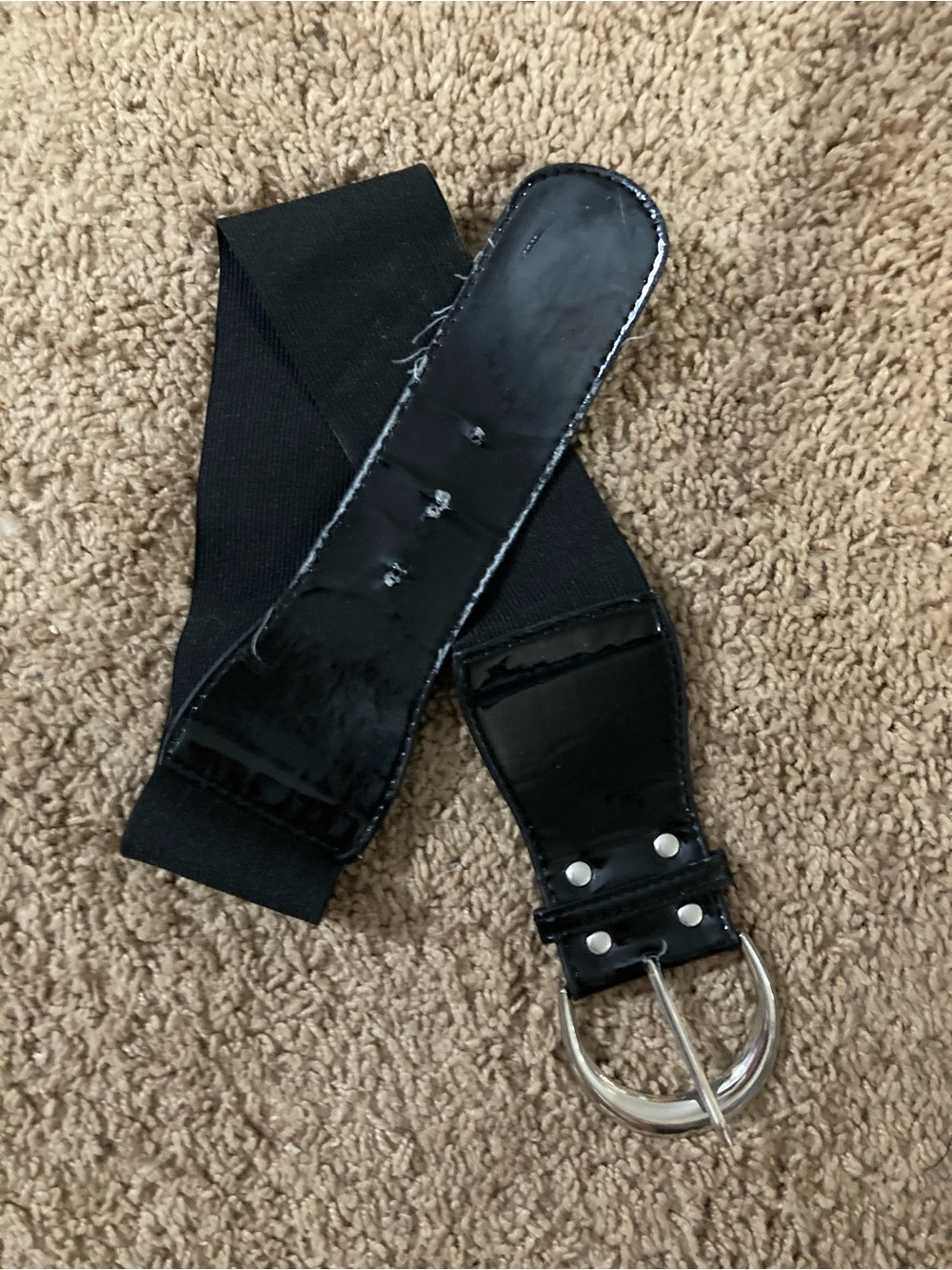 Black Stretch Patent Waist Belt with Silver Buckle